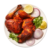 Tasty tandoori chicken plate with vegetable and lime slices on transparent background png