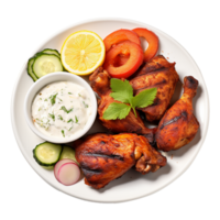 Tasty tandoori chicken plate with vegetable and lime slices on transparent background png