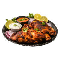 Tasty tandoori chicken plate with vegetable and lime slices on transparent background png