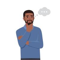 Young business man making thinking gesture. Stroking or scratching chin thoughtfully with speech bubble. vector