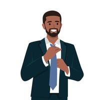 Young smiling man character wearing suit and adjusting tie. vector