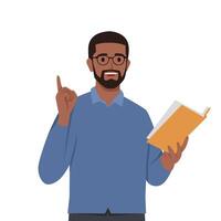 Young man character holding a book in his hand and teaching. vector