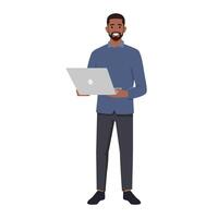 Young man character holding or using laptop computer. vector