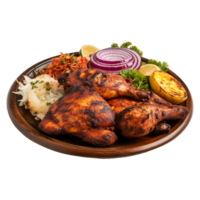 Tasty tandoori chicken plate with vegetable and lime slices on transparent background png