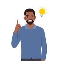 Young man character pointing up index finger. Idea, innovation, creativity concept. vector