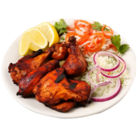 Tasty tandoori chicken plate with vegetable and lime slices on transparent background png