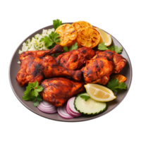 Tasty tandoori chicken plate with vegetable and lime slices on transparent background png