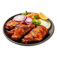 Tasty tandoori chicken plate with vegetable and lime slices on transparent background png