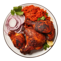 Tasty tandoori chicken plate with vegetable and lime slices on transparent background png