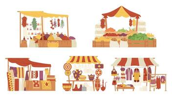 set of exotic street shops in flat cartoon style. Middle Eastern bazaar stalls set. Spices, pottery, carpets, clothes, fruits and vegetables shops. vector