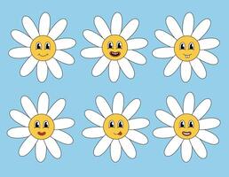 Retro 70s 60s 80s Hippie Groovy cute Daisy Flowers Set. Smiling face. Collection Chamomile Flower power elements. illustration isolated on blue background. vector