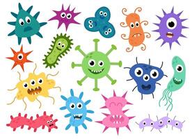 linda dibujos animados caracteres virus, bacterias, microbio, gérmenes colocar. microbiología organismo de diferente tipos de vistoso y formas mascotas expresando emociones niños ilustración en plano diseño. vector