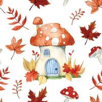 seamless pattern with cute fairy-tale mushroom houses. watercolor drawing cartoon vector