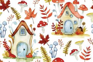 seamless pattern with cute fairy-tale mushroom houses. watercolor drawing cartoon vector