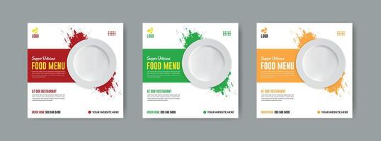 Fast food restaurant social media post or web banner template design. illustration with plate. Healthy burger and pizza online sale promotion flyer or poster. vector