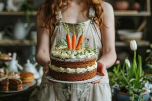 mujer vitrinas un deliciosamente decorado Zanahoria pastel, coronado con Fresco zanahorias foto