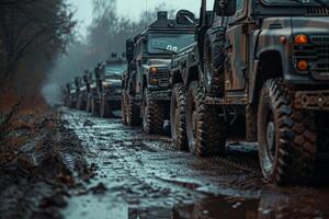 Row of military vehicles lined up on a muddy ground photo