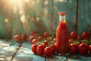 Sunlit Tomato Juice Bottle and Cherry Tomatoes on Rustic Blue Wooden Background photo