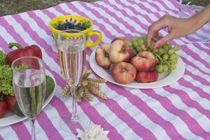 Beautiful picnic with fruits, vegetables and glasses of wine near lake. photo