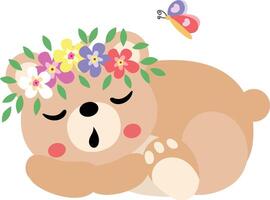 osito de peluche oso dormido con guirnalda floral en cabeza vector