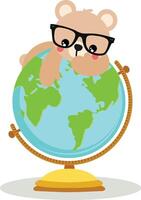 Cute teddy bear on the world globe vector