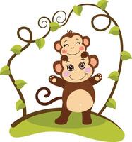 Cute mother monkey with little child on head on tree branch green leaves vector