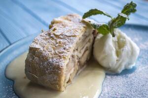 The strudel in a plate close up. photo