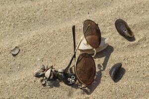 Gafas de sol y conchas marinas en el arena. foto