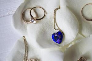 collar y oro anillos en un blanco pétalos de rosas. foto
