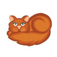 un rojo gato mentiras en un pelota. dibujo en dibujos animados estilo en un blanco antecedentes. ilustración vector