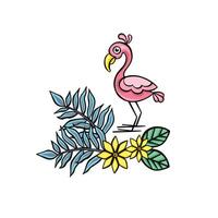 flamingos and tropical flowers in cartoon style, illustration vector