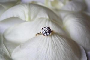 dorado anillo en blanco pétalos de rosas. foto