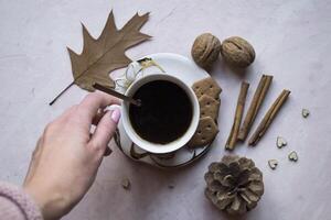 A cup of coffee, cinnamon stick, walnuts and pine cone on the table, top view. Beautiful flat lay with coffee. photo