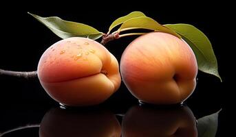 Ripe peaches on a black background and their reflection. Fruit and healthy food. photo