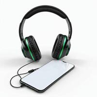 Computer accessory black wired headphones with phone isolated on white background photo
