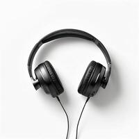 Realistic black headphones musical isolated on white background photo