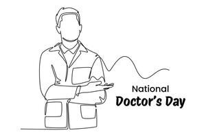 uno continuo línea dibujo de nacional del doctor día concepto. garabatear ilustración en sencillo lineal estilo. vector