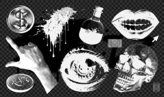 Messy textured Graphic elements set for grungy design. Vintage negative hand, mouth, skull, eye with dither effect, retro futuristic pixelated objects. dotted illustration, vector