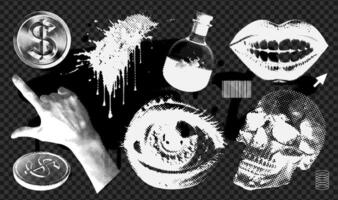 Messy textured Graphic elements set for grungy design. Vintage negative hand, mouth, skull, eye with dither effect, retro futuristic pixelated objects. dotted illustration, vector