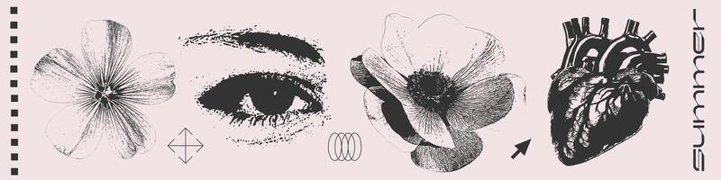 Grunge photography set with female eye, human heart and summer flowers. Y2k retro halftone collage element collection pop art magazine style cutout objects. Isolated illustration. vector