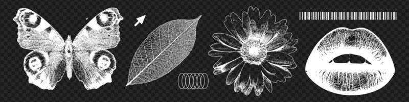 Cool grungy y2k elements - flower, lips, butterfly, leaf - with a negative photocopy effect. Rough brutal elements for 90s vintage design. Grain effect and stippling. dots texture. vector