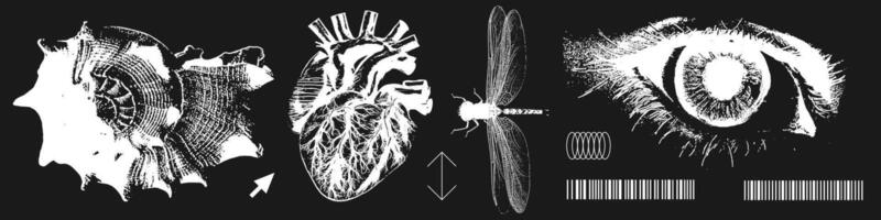 Anti-design grunge elements with a retro photocopy effect. Negative nature objects for Y2k design. Grain effect and stippling. dots textured illustration. vector