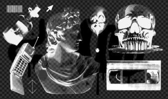 Cool y2k elements set with a retro negative photocopy effect. Trendy grungy antique statue, cassette, melted skull, retro cellphone for design. Grain effect and stippling. dots texture. vector