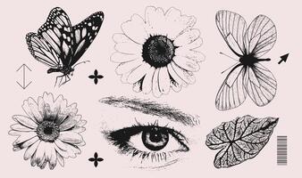 Trendy realistic Elements set with vintage photocopy effect. Vintage y2k styled Eye, butterflies, flower, leaf. Grain effect and stippling. grunge texture. vector