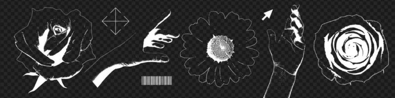 Hands and roses set with a retro negative photocopy effect. Trendy y2k elements for brutalism design. Grain effect and stippling texture. illustration. vector