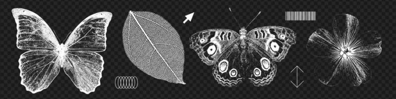 Field flower, leaf and butterflies retro photocopy effect set. Stippling, dotwork pattern 90s vintage images. Vintage negative halftone effect. illustration vector