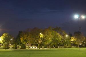 un parque a noche con un grupo de personas sentado en bancos foto