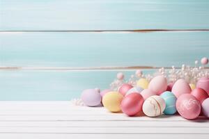 Easter holiday celebration banner greeting card with pastel painted eggs on bright wooden tabel texture photo