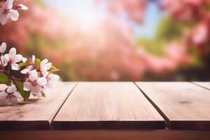 empty wooden table against spring time background photo