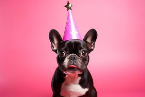 Celebration, happy birthday, New Year's eve party, funny animal greeting card - Cute dog pet with pink party hat on pink wall background texture photo